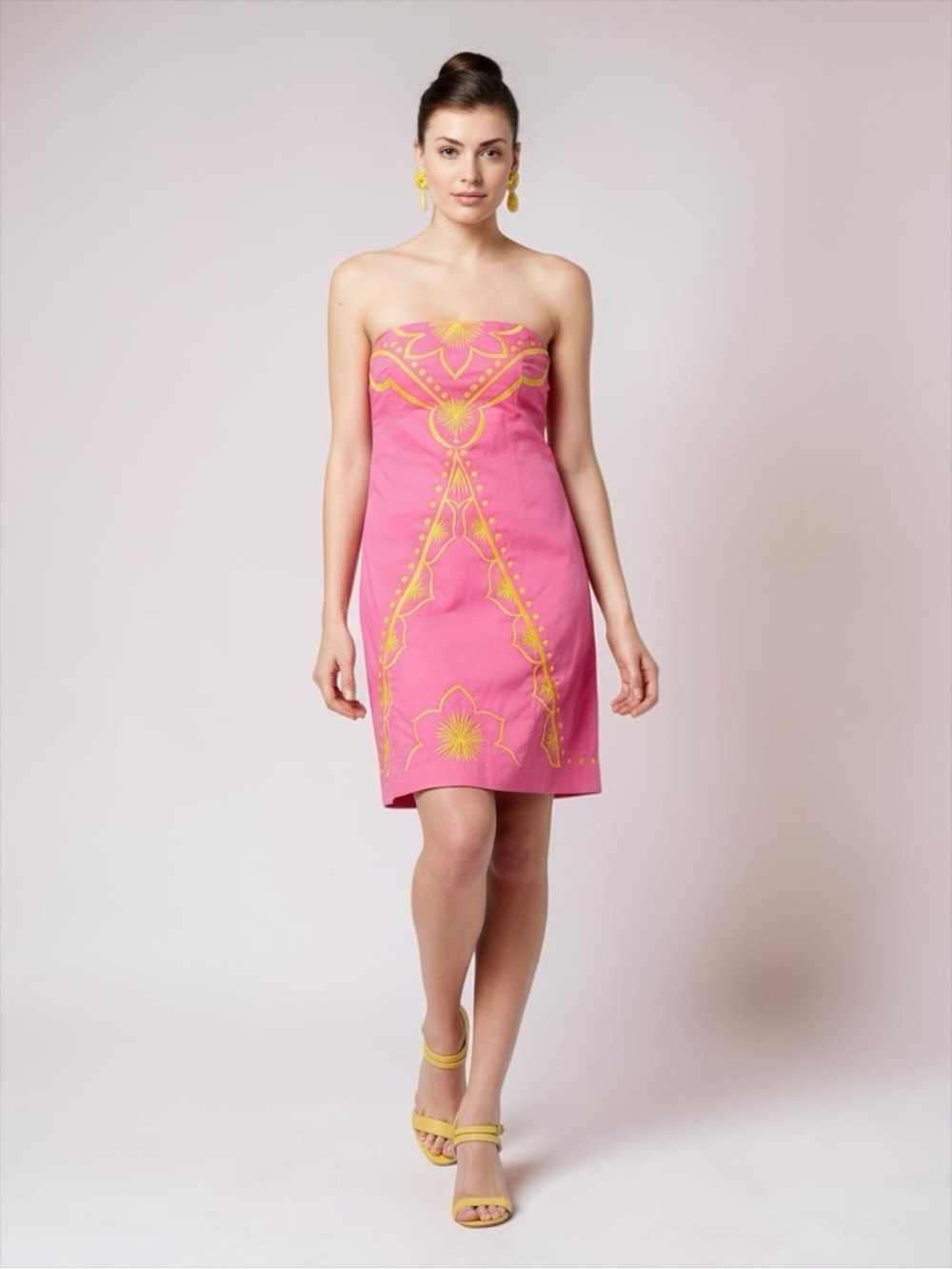 Lilly Pulitzer Women’s Bowen Hotty Pink/Yellow Embroidered Strapless Dress 0